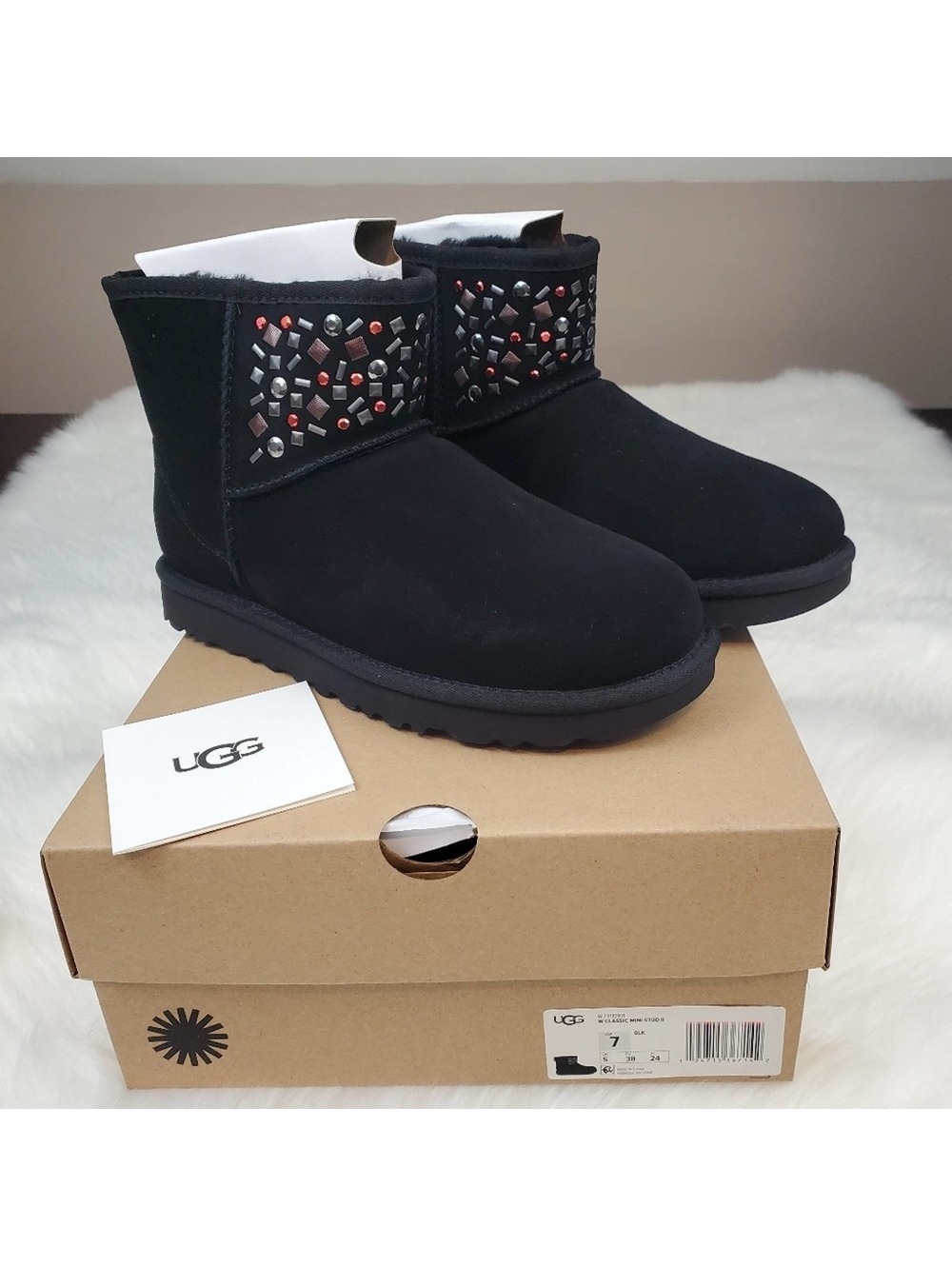 UGG Size 7 Black Genuine Sheepskin Mini Stud II Short Boots NIB